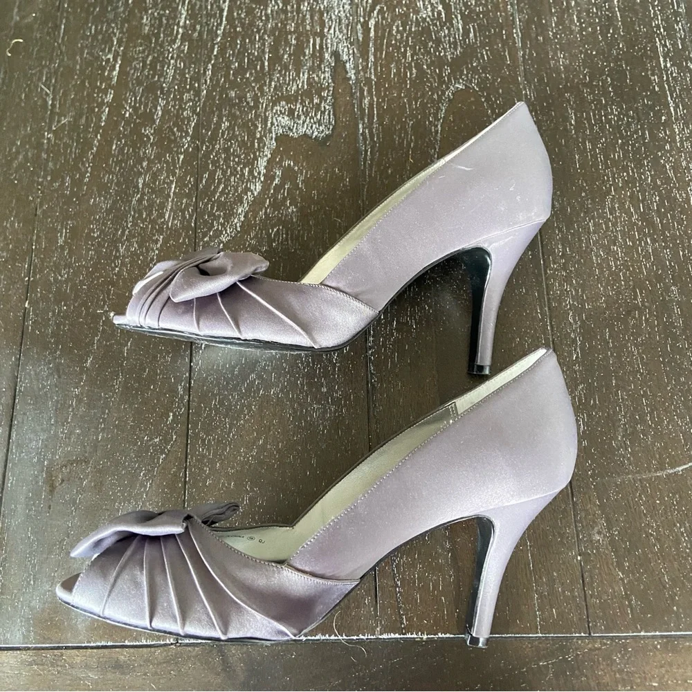 Nina Steel Grey Peep Toe Bow‎ Satin Pumps Heels Special Event Wedding 9M Dressy